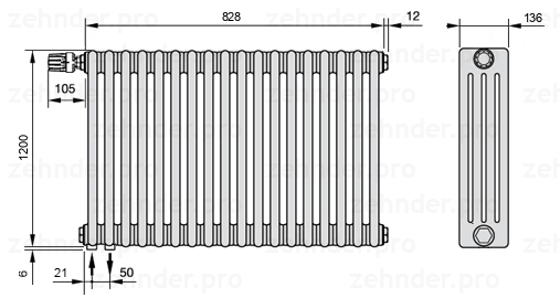 Схема (чертеж) Радиатор Zehnder Charleston 4120/18 №V001 Белый глянцевый RAL 9016